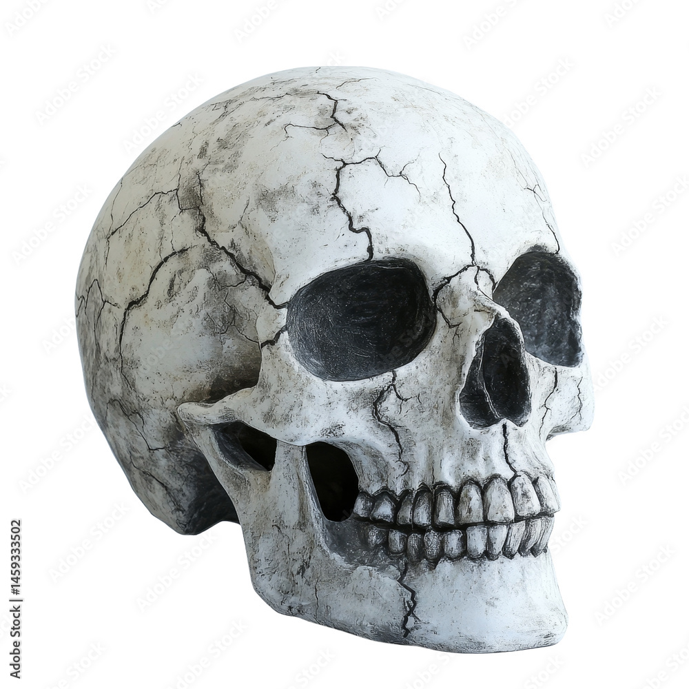 Obraz premium Detailed human skull with cracks, showcasing realistic texture and structure. This decorative piece can evoke sense of mystery and intrigue, perfect for Halloween or gothic themes