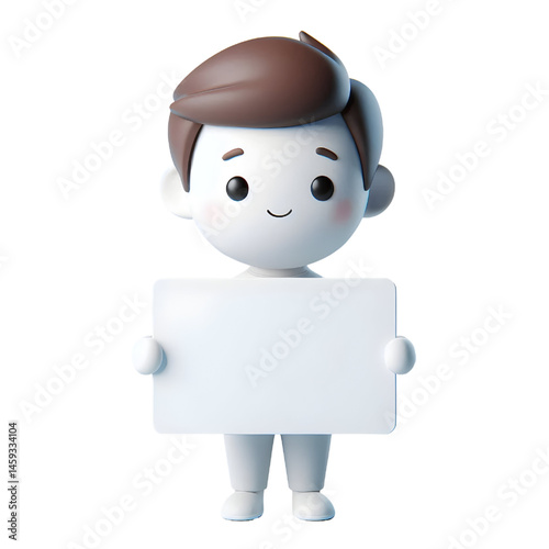 Cute white man 3d holding blank card isolated on white background