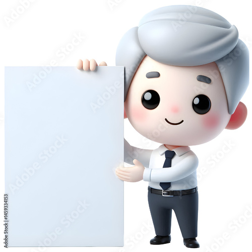 Cute white man 3d holding blank card isolated on white background