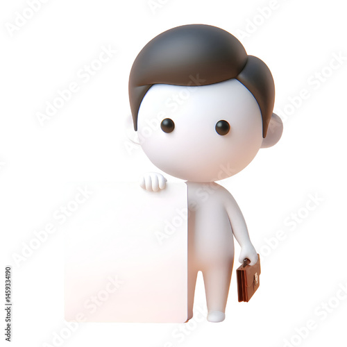 Cute white man 3d holding blank card isolated on white background