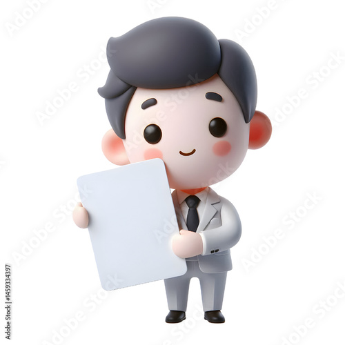 Cute white man 3d holding blank card isolated on white background