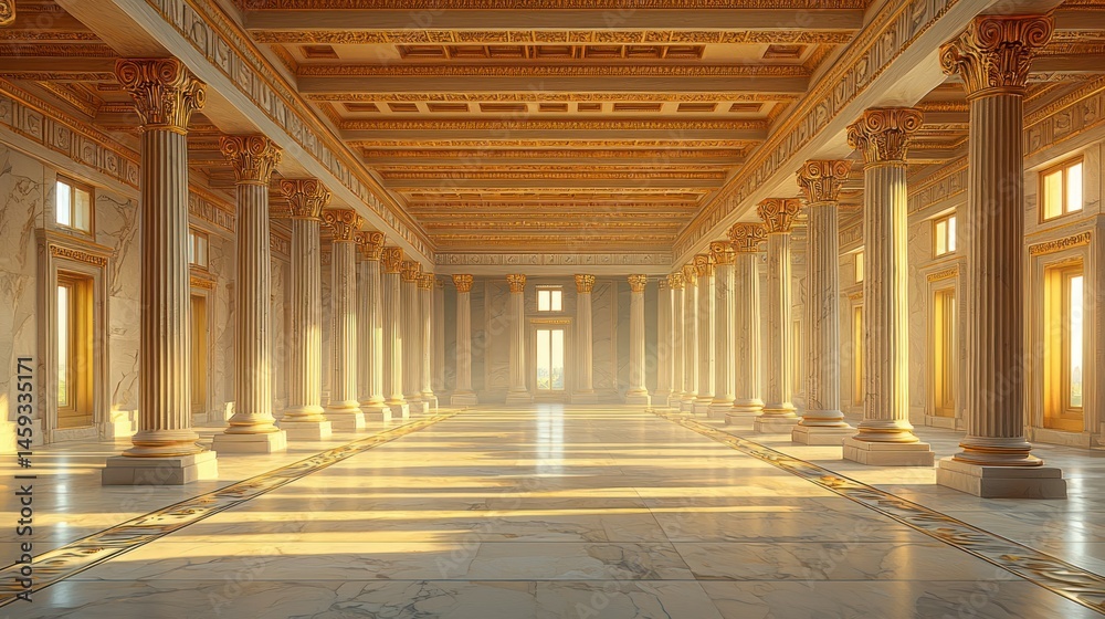 Naklejka premium Grand colonnaded hall, bathed in golden light