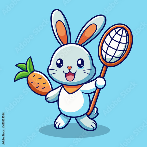 Download Cute Rabbit Catching Carrot With Fishing Net Cartoon Vector Icon Illustration. Eps File For Design.