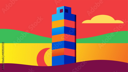 Playful Colors An illustration of a colorful skyscraper featuring bright huesreds yellows and bluespainted against a contrasting sunset background. The ground view shows a