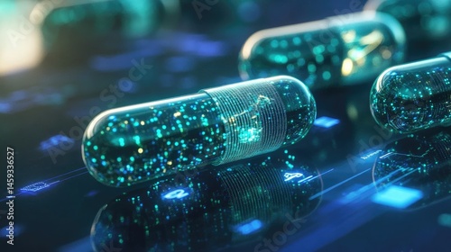 Capsules transitioning through real-time digital pipelines in a futuristic healthcare interface