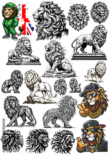 Lion wild african animal isolated set. Proud powerful leo king, mammal, wild jungle cat in various poses standing, sitting, lying, hunting, stretching body, zoo park predator, Vector illustration