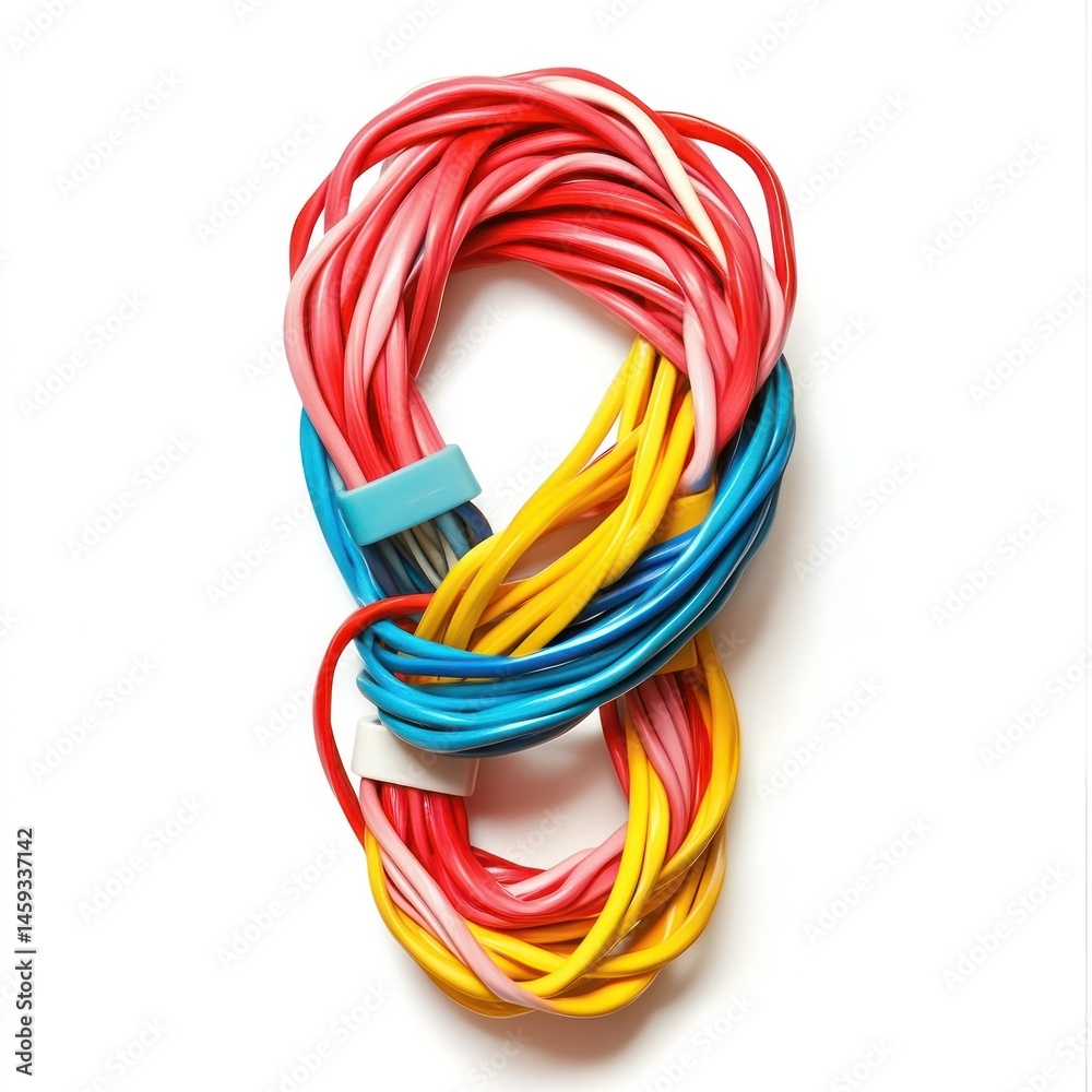 Abstract background of colorful tangled and looped electrical cables wires and cords in various shades of red yellow and blue creating an intricate and complex pattern Abstract background of colorful tangled and looped electrical cables wires and cords in various shades of red yellow and blue creating an intricate and complex pattern