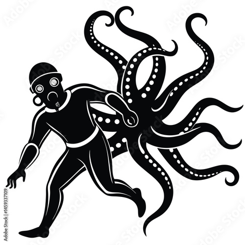Scuba diving vector silhouette illustration Diver chasing octopus