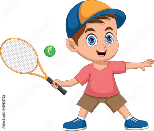 Cute boy playing tennis cartoon