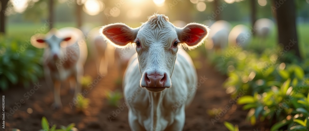 Obraz premium Sunlit cow in the foreground with a blurred herd behind it on a dirt path