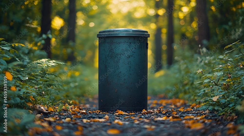 Obraz premium Dark-green cylindrical trash receptacle on leaf-strewn path with blurred forest background
