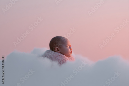 Dreamlike serenity enfolds an infant amidst fluffy clouds, evoking Eid-ul-Fitr symbolism and ethereal beginnings of new life