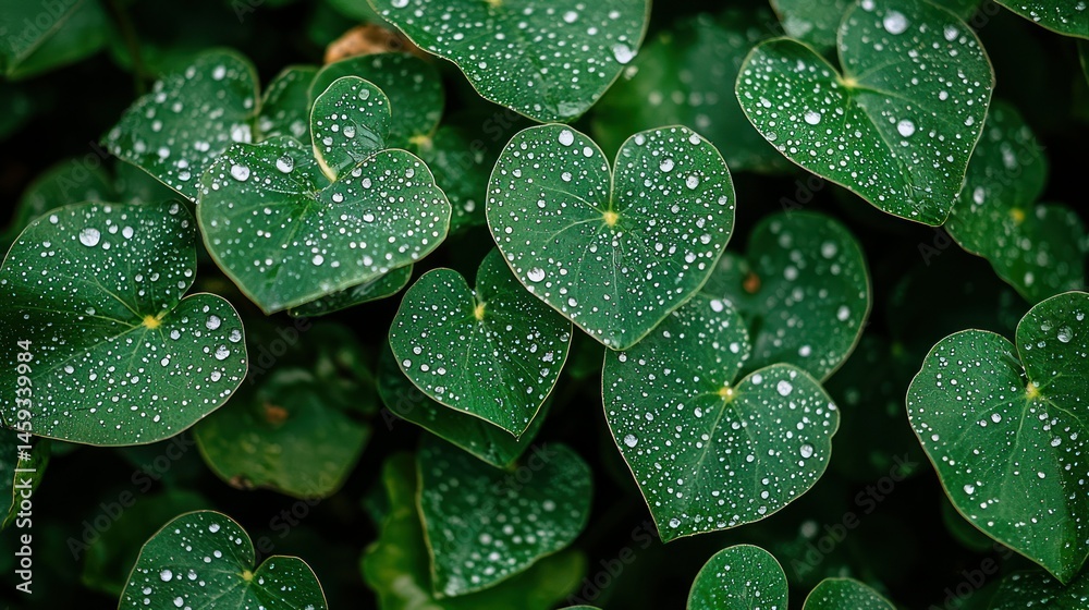 Fototapeta premium Heart-shaped leaves covered in dew drops