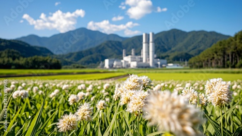 Remote nuclear plant with mountains and tree-covered ridges behind, open low-cut green lawn in front, no fence or people visible, fresh and clean feel