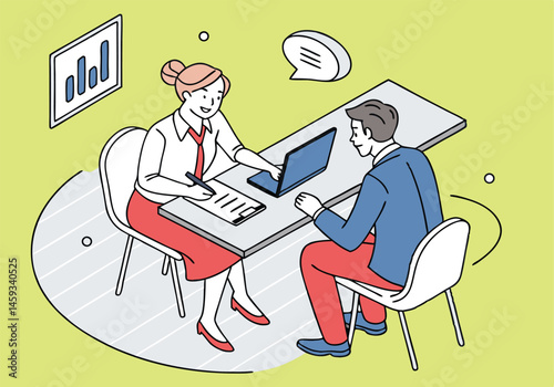 Business Job Interview concept. Vector cartoon illustration of a young woman asking questions and a man in a suit answering them while sitting at a table. Isolated on background