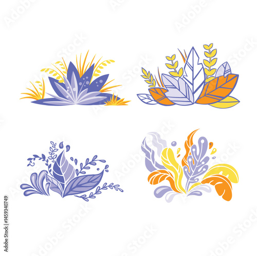 Set bushes leaves decor color flat vector