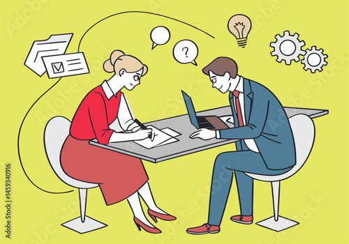 Business Job Interview concept. Vector cartoon illustration of a young woman asking questions and a man in a suit answering them while sitting at a table. Isolated on background