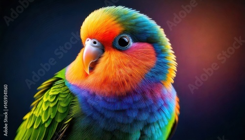 A vibrantly colored parrot with detailed feathers is shown against a dark, gradient background.