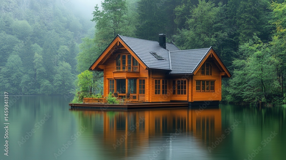Fototapeta premium Peaceful wooden cabin on a serene lake nestled in a forest.