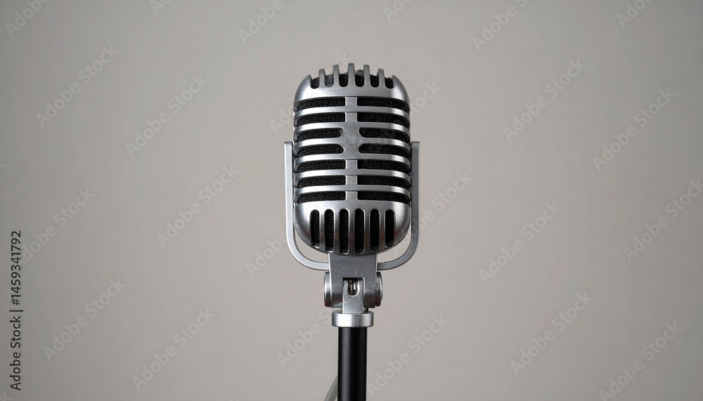 Fototapeta premium Silver microphone on black stand against neutral backdrop.
