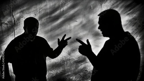 The silhouette of two people, they swear. The concept of violence and domestic violence.