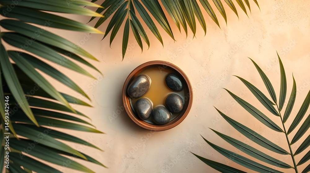 tropical palm leaves, gold cross pendant, circular wooden frame, warm beige background, minimalist religious composition, natural elements, spiritual symbolism,