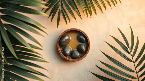 Obraz na płótnie tropical palm leaves, gold cross pendant, circular wooden frame, warm beige background, minimalist religious composition, natural elements, spiritual symbolism, w salonie