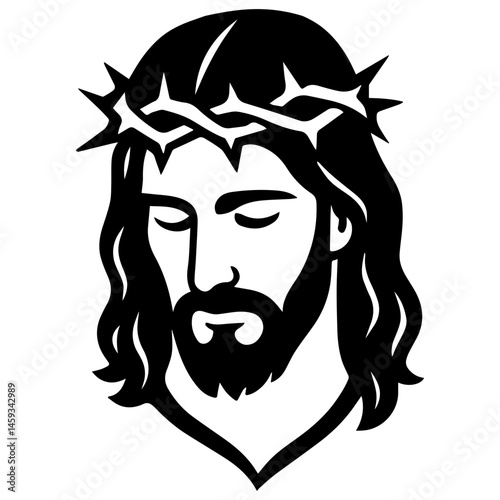 Minimalist Jesus Christ head with crown of thorns in black and white vector illustration.