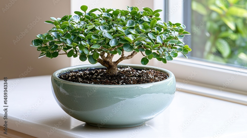 Fototapeta premium Small bonsai tree in blue ceramic pot