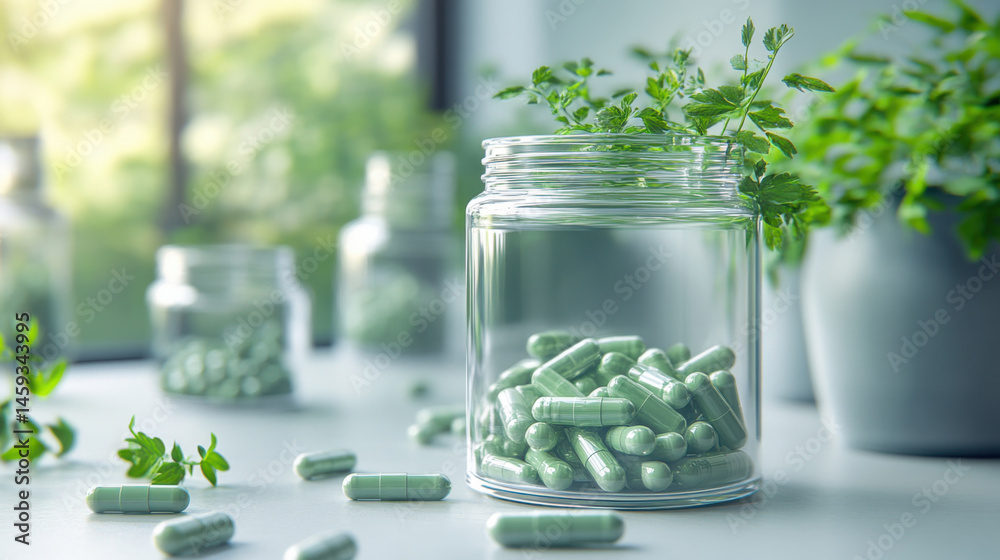 World Health Day Concept with Green Capsules, Bottles and Healing Herbs for Wellness and Natural Medicine Design