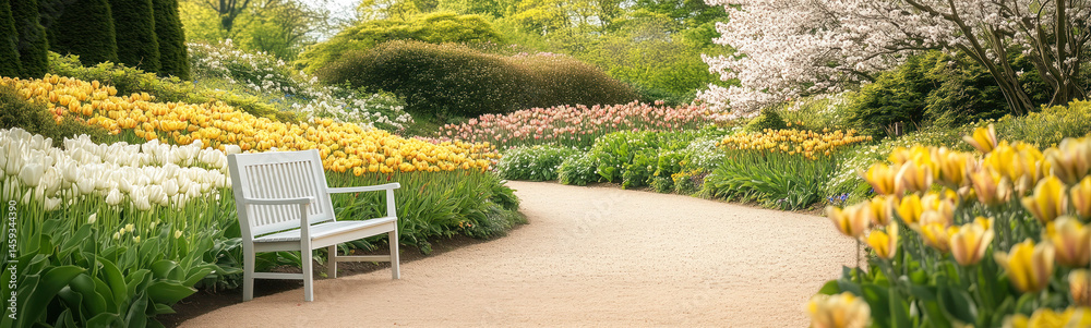 Obraz premium A garden with gravel path going through beds of yellow, pink, and red blooming tulips. A white bench waiting on the curve.