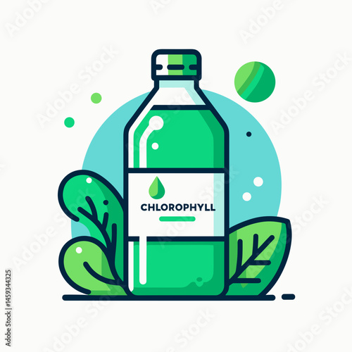 Bottle of chlorophyll water, detox in minimalistic style  