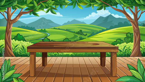Empty wooden table or wooden desk with tea plantation nature background with green leaves as frame Product display natural background concept