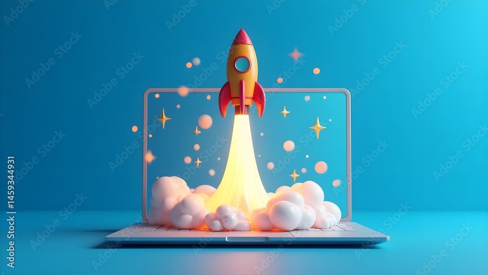 3D render, cartoon rocket, bright red and pink, fluffy white clouds, blue background, laptop screen, stylized illustration, isometric view, minimalist design, vibrant colors, digital art, startup conc
