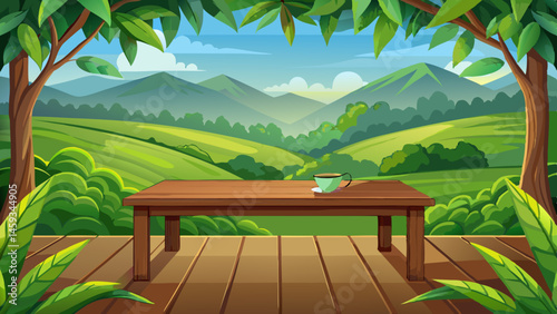 Empty wooden table or wooden desk with tea plantation nature background with green leaves as frame Product display natural background concept