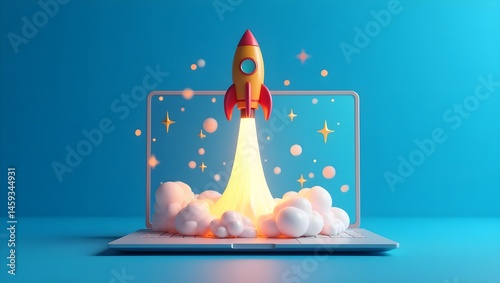 3D render, cartoon rocket, bright red and pink, fluffy white clouds, blue background, laptop screen, stylized illustration, isometric view, minimalist design, vibrant colors, digital art, startup conc