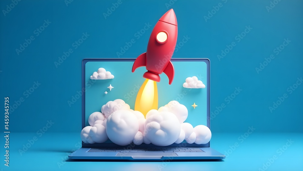 3D render, cartoon rocket, bright red and pink, fluffy white clouds, blue background, laptop screen, stylized illustration, isometric view, minimalist design, vibrant colors, digital art, startup conc