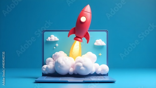 3D render, cartoon rocket, bright red and pink, fluffy white clouds, blue background, laptop screen, stylized illustration, isometric view, minimalist design, vibrant colors, digital art, startup conc