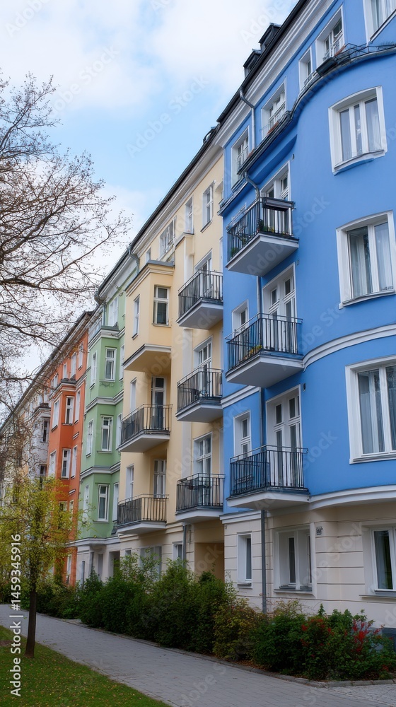 Fototapeta premium Colorful Apartment Buildings with Balconies in Europe Residential Architecture