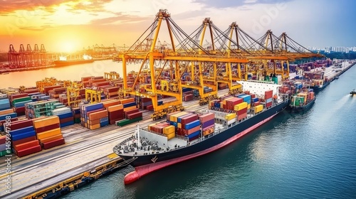 Wallpaper Mural High-angle shot of international port terminal with ships, cranes, and cargo in motion Torontodigital.ca