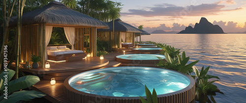 Luxurious spa resort with private jacuzzis and cabanas overlooking tropical ocean waters at sunset