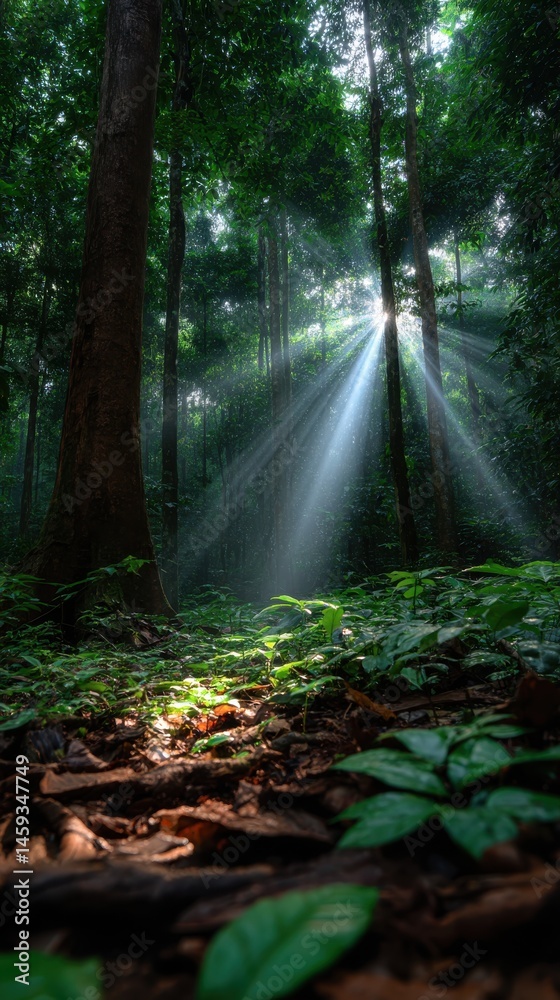 Obraz premium Sunlight Streaming Through Lush Green Trees in a Tropical Forest