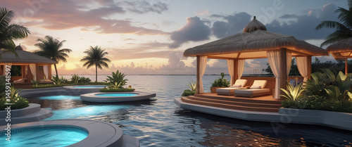 Luxurious tropical resort scene featuring hot tubs with ocean views and elegant gazebos under a serene sunset sky