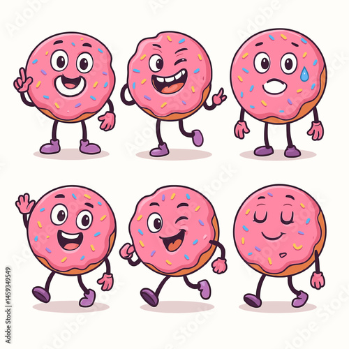 Cartoon Donuts Character Set with Pink Glaze and Sprinkles