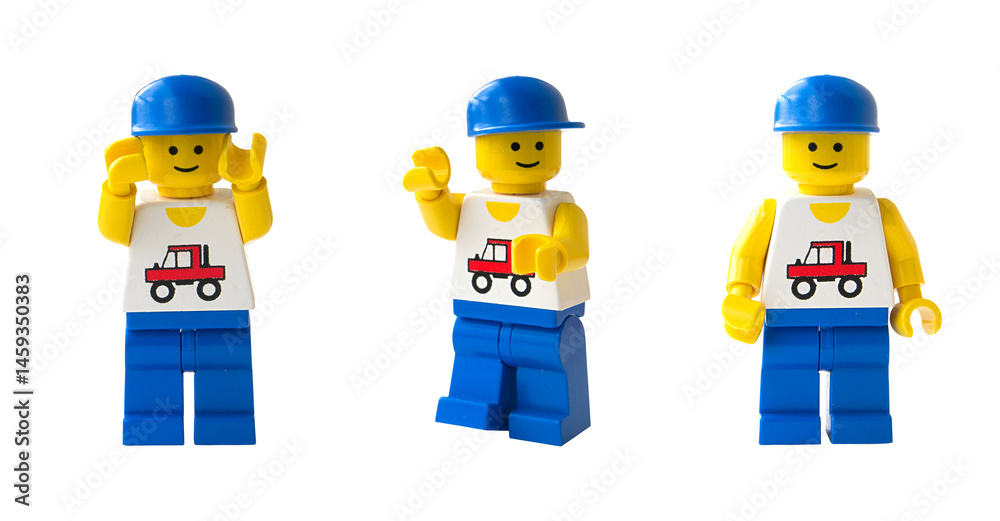 Obraz premium Figura de mecánico de LEGO oficial. Tres posturas. Imagen aislada