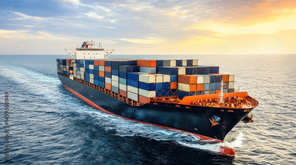 Fototapeta premium Marine shipping lanes overlaid on image of ocean with freighter in center