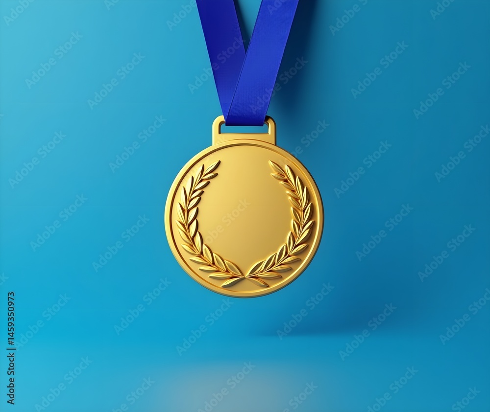 Gold medal, blue ribbon, laurel wreath design, achievement award, Olympic style, shiny metallic surface, circular shape, victory symbol, sports recognition, teal background,
