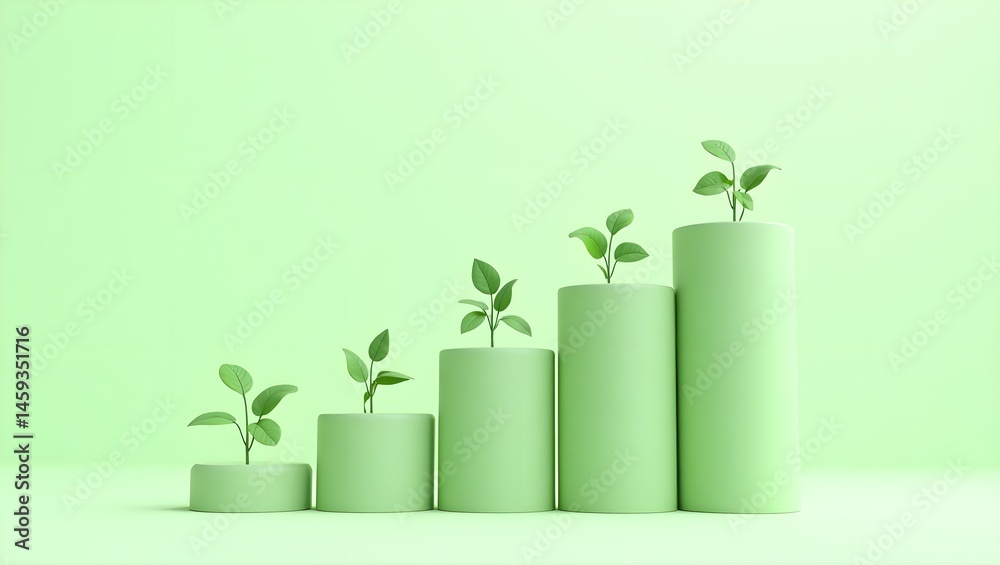 Green growth concept, plant seedlings on ascending bar graph, financial success
metaphor, sustainability visualization, environmental progress chart, organic business growth, eco-friendly investment,