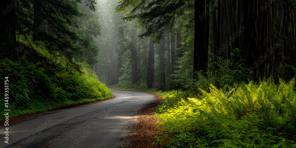 Obraz premium Asphalt road curves through redwood forest, sunlight filtering through canopy, illuminating ferns along roadside, evoking serenity and natural beauty