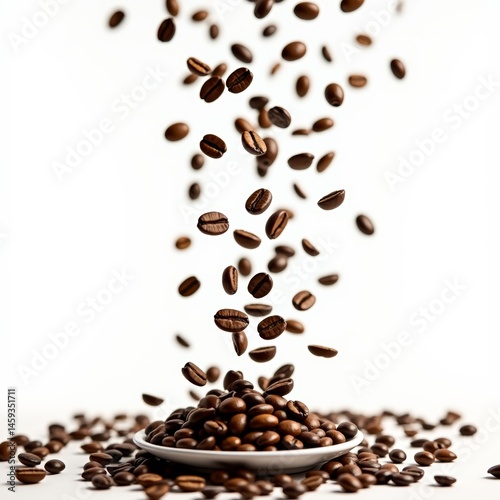Coffees beans falling into a white plate